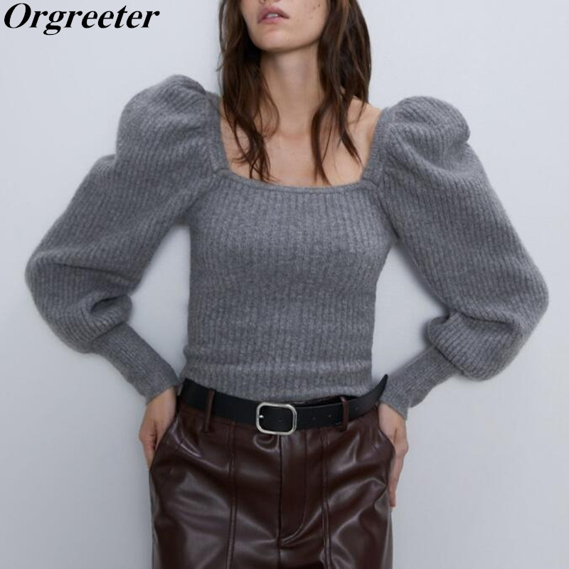 

Autumn Solid Gray color Retro Ruched Puff sleeve Sweater Off-shoulder Square neck Women Pullover Jumper Tops 210525