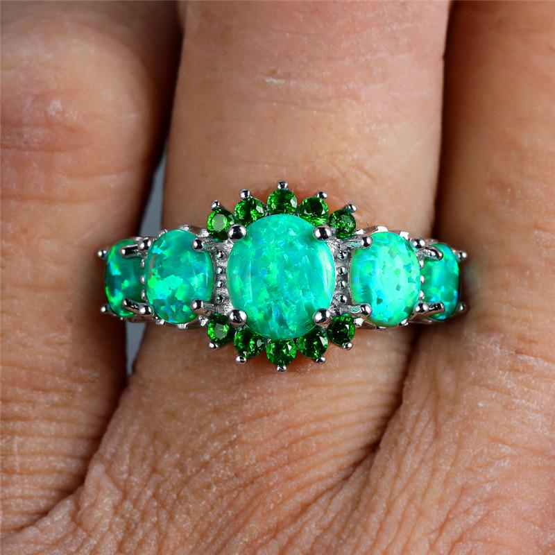 

Wedding Rings Luxury Female Green Opal Oval Ring Charm Silver Color Thin Engagement Vintage Bride Zircon Stone For Women, Slivery;golden