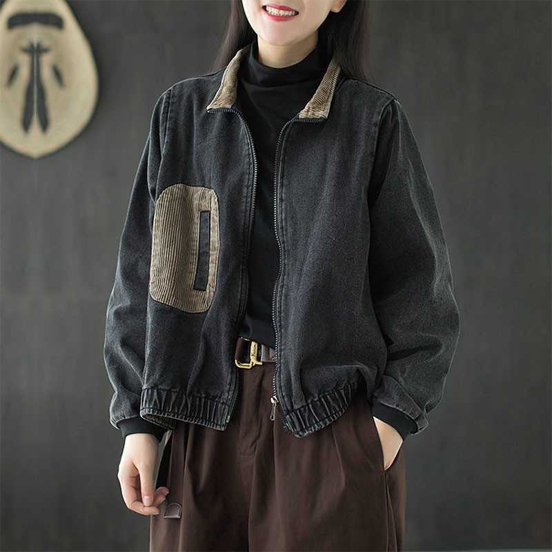 

Arrival Spring Autumn Arts Style Women Long Sleeve Loose Casual Short Coats Corduroy Patchwork Zipper Jackets M687 210608, Picture color