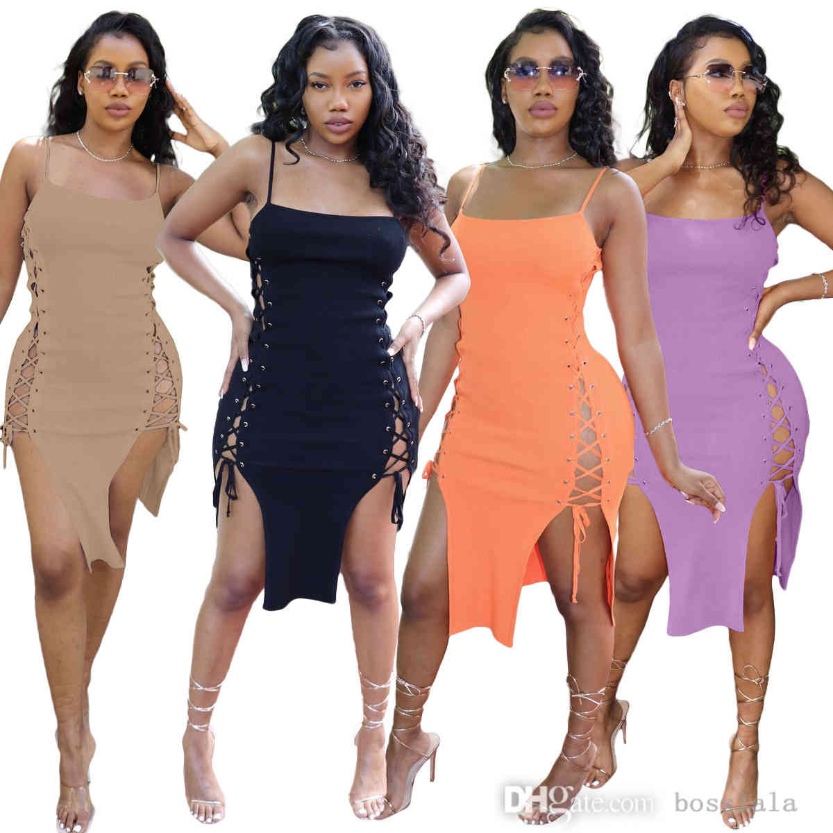 

Women Sexy Dress Summer Ladies Elastic Pit Strap Split With Drawstring On Both Side Sleeveless Nightclub Bodysuit Dresses, Khaki