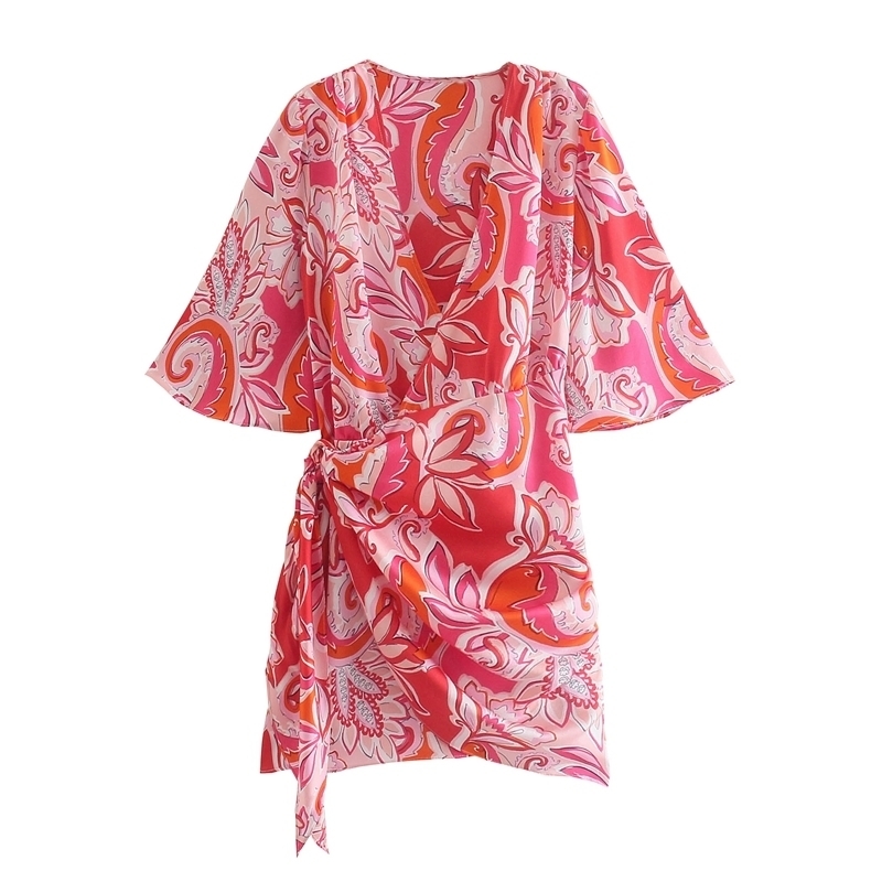 

Women Fashion Flare Sleeve Floral Dress Summer V neck With Bow Wrap Mini Elegant Party 210525, Pink