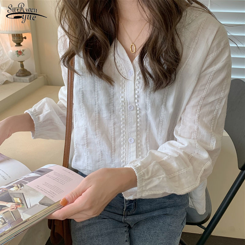 

Korean Style Solid Cotton Simple Women Tops and Blouses Sweet Lace V-neck Puff Sleeve Shirt Ladies' 10914 210521, Navy