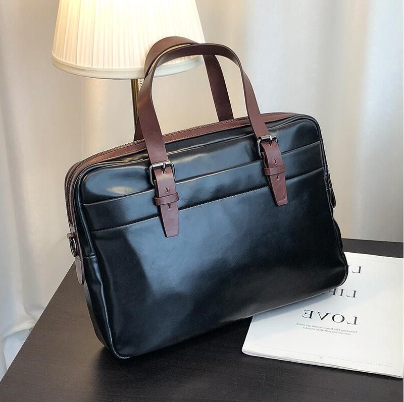 

men bag simple Joker contrast leather business handbad horizontal soft leatheres mens computer handbag casual stitching leathers fashion handbags, Black