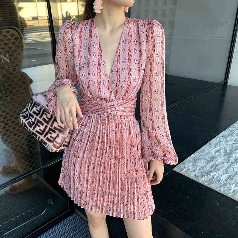 

Pink Floral Print Lantern Sleeve Mini Dress Women Sexy V-neck Summer Sashes Pleated Beach Female Party Vestidos Robe 210525