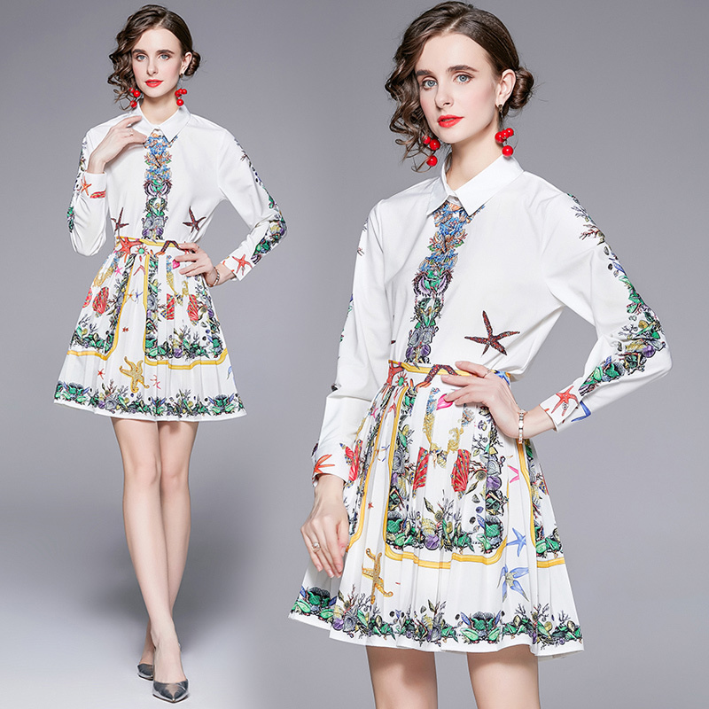 

Dropshipping Wholesale New Arrival Spring Summer Fall 2pcs Women Casual Set Vintage Print Long Sleeve Top Shirt Blouse Mini Pleated Skirt Suits Outfits, Xcby5920