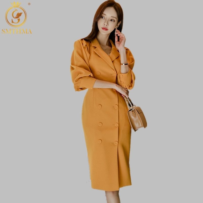 

Fashion Elegant Women Blazer Dress Sexy Office Ladies Double-Breasted Lantern Sleeve Korean Design Dresses 210520, Photo color