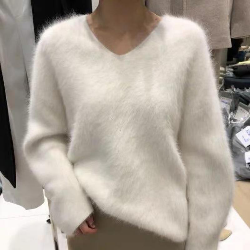 

Women Furry Pullover Sweater Auutmn Winter V-neck Loose Pull Sweaters Ladies Korean Style Oversized Knitted Tops Femme 210602
