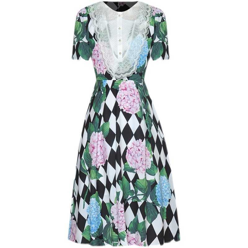 

HIGH QUALITY est Designer Fashion Women's Short Sleeve Lace Embellished Floral Printed Dress 210526, Mixed color