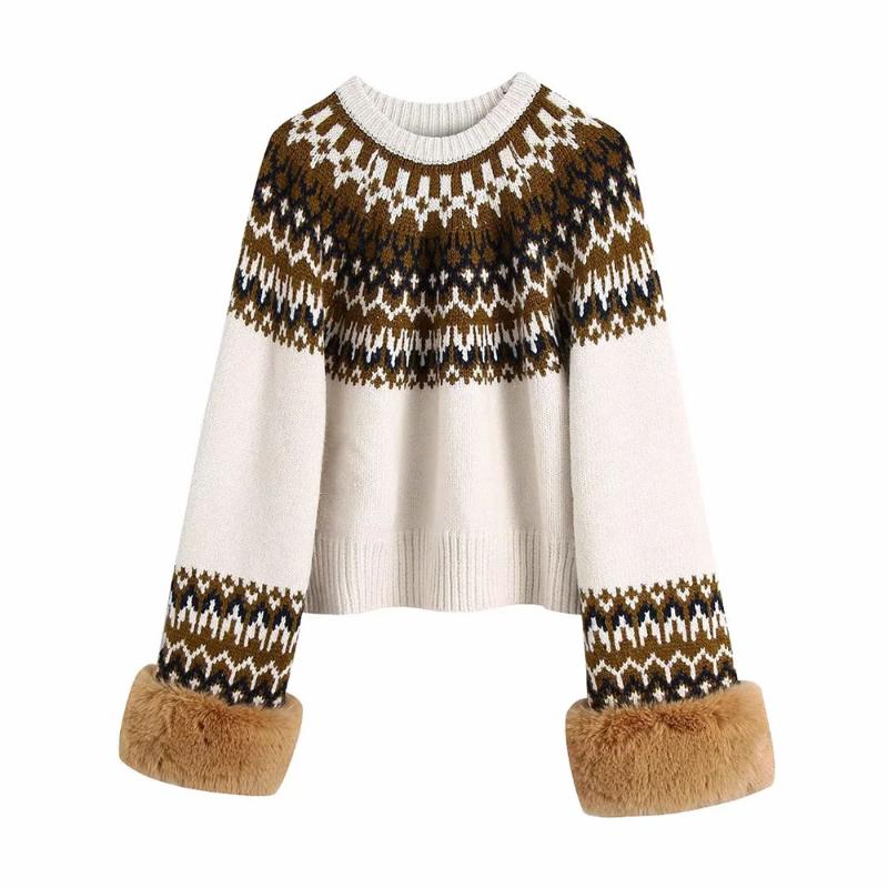 

Women' Sweaters BBWM 2021 Women Vintage Round Neck Jacquard Sweater Female Casual Faux Fur Patchwork Pullover Long Sleeve Chic Top, Multi