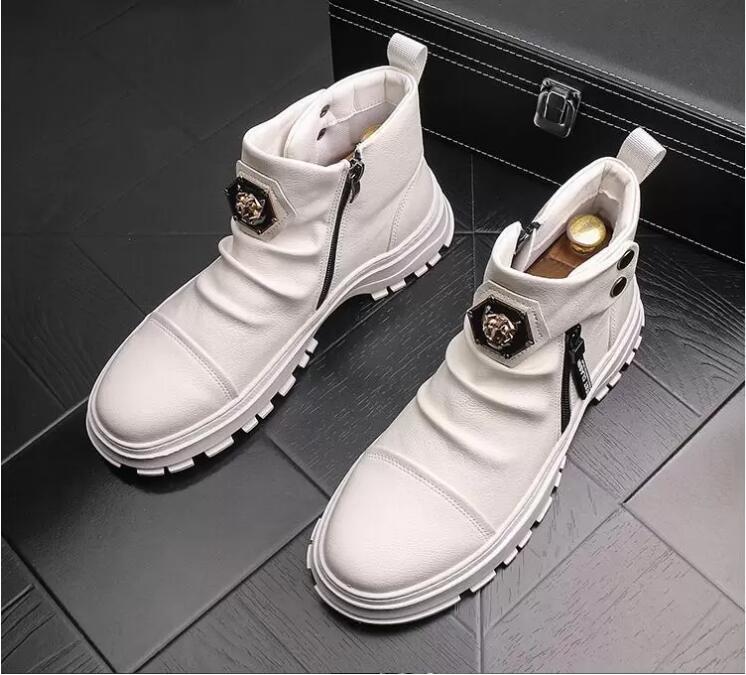 

High Quality Fashion Men High Top British Style Rrivet Shoes Men Causal Luxury Shoes White black Bottom rubber Dress Shoes for Male