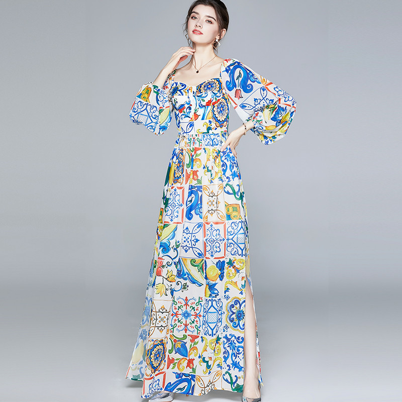 

New Autumn Women Long Lantern Sleeve Backless Sexy Split Party Dress Runway Blue and White Flower Maxi Dress, Black;gray