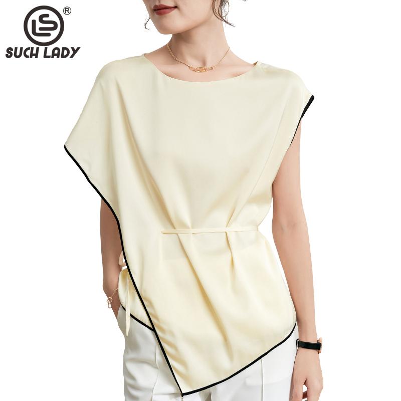 

Women' Blouses & Shirts 95% Silk 5% Spandex Shirt O Neck Short Sleeves Lace Up Waist Asymmetrical Fashion Blouse Tops, Beige