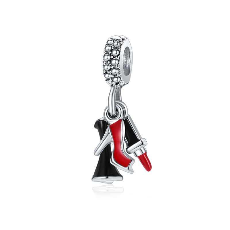 

Fits Pandora Bracelets 20pcs High Heels and Lipstick Dresses Enamel Dangle Silver Charm Bead Fit Original Pandora Bracelets DIY Jewelry For Women Gift, Black
