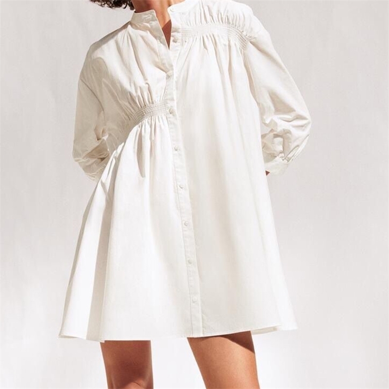 

women shirt dress summer Solid stand collar smocked fashion 3/4 sleeve loose A -line OL female es 210524, White