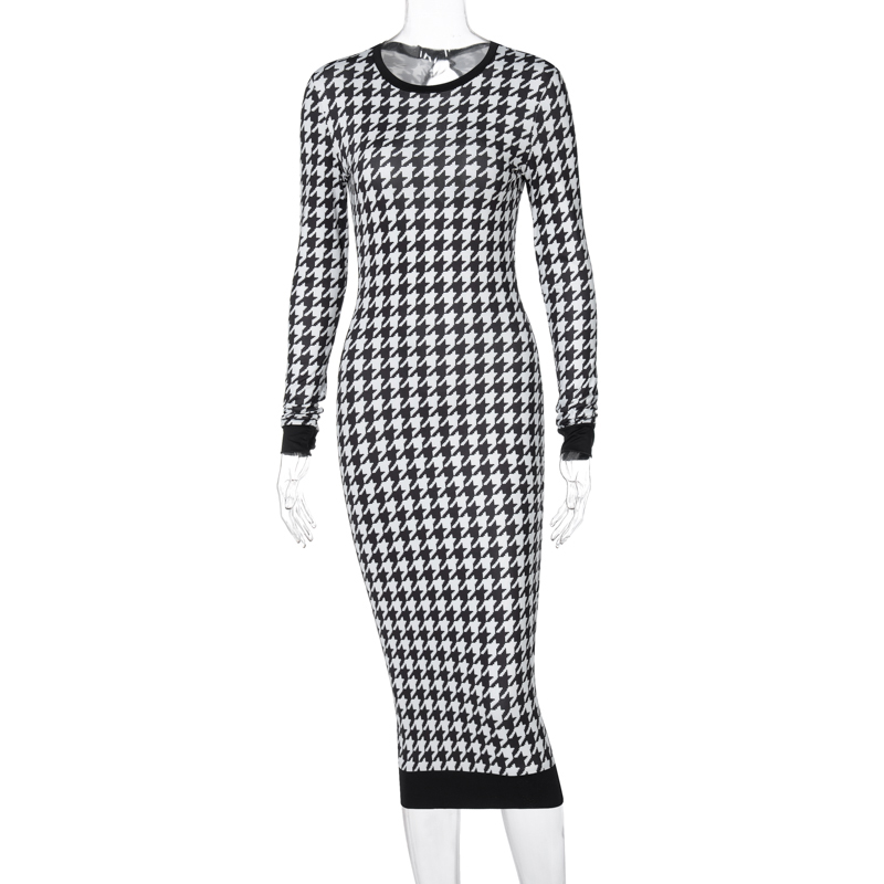 

2021houndstooth print women long sleeve midi dress hollow out bodycon streetwear 2021 autumn winter club elegant slim, Black;gray