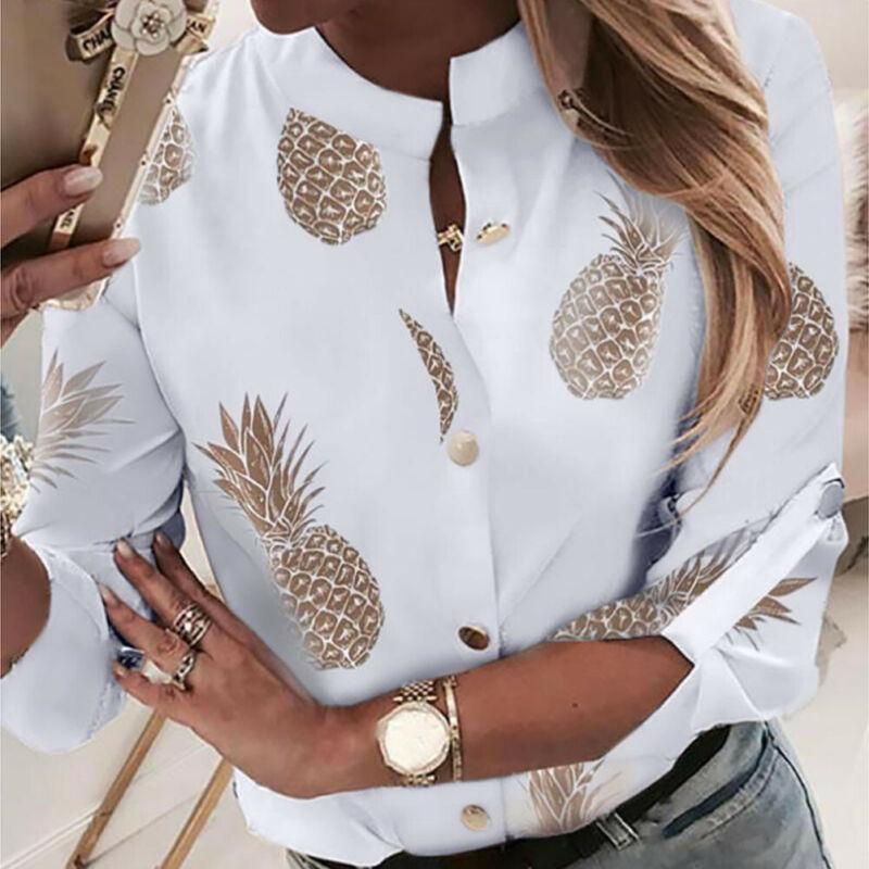 

Women's Blouses & Shirts Fashion Women Long Sleeve Gold Pineapple Print Blouse V Neck Shirt Office Ladies Party Elegant Streetwear Femininas, White