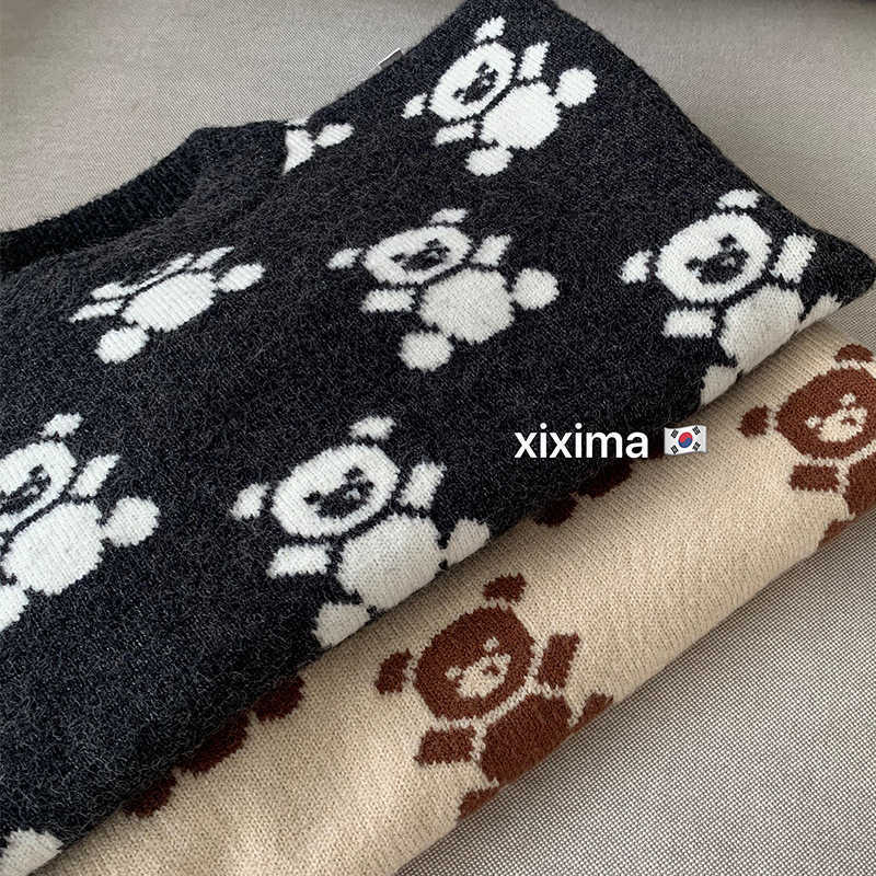 

Factory Korean version sister and brother clothing autumn and winter children's clothing cartoon bear double-layer thickened knitted round, Black