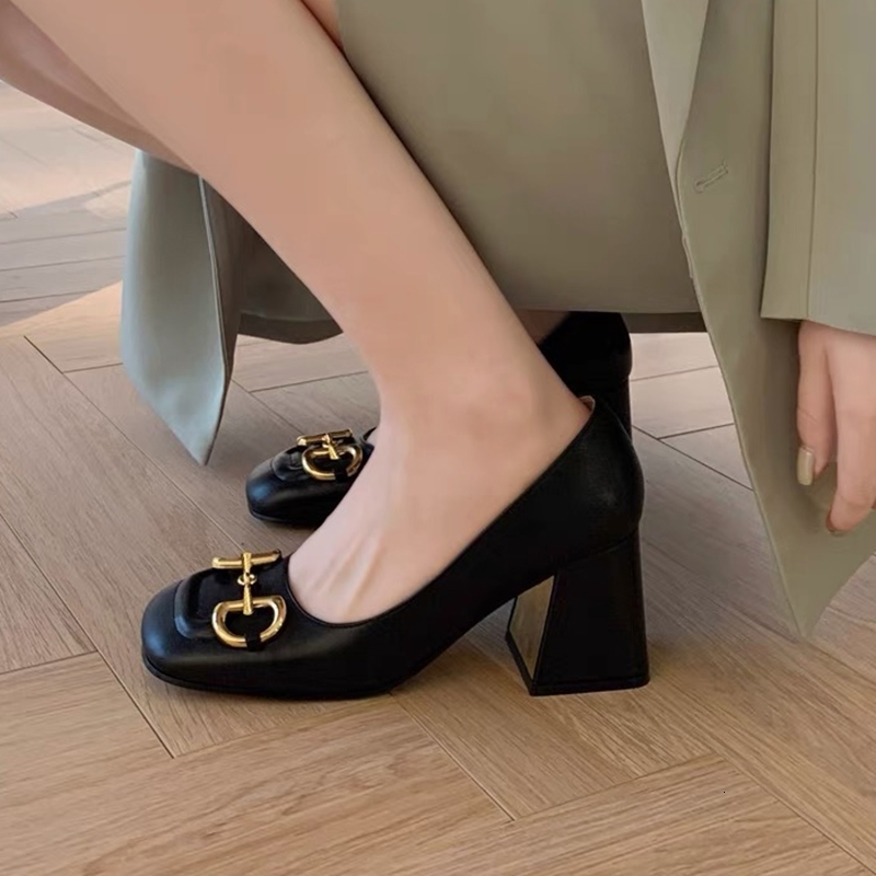 

Women's mid-heel pump with Horsebit Designer Mules Shoes 75MM Vintage Square High Heels Summer Sexy Sandals US11 Having Box NO273, Black