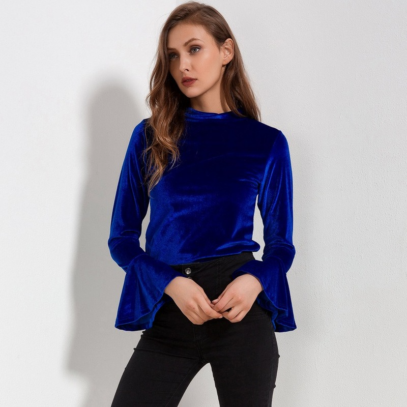 

External Model Real Shooting Quick Selling Amazon Wish European and American Women's Bottoming Shirt Long Sleeve Golden Velvet Trumpet, White