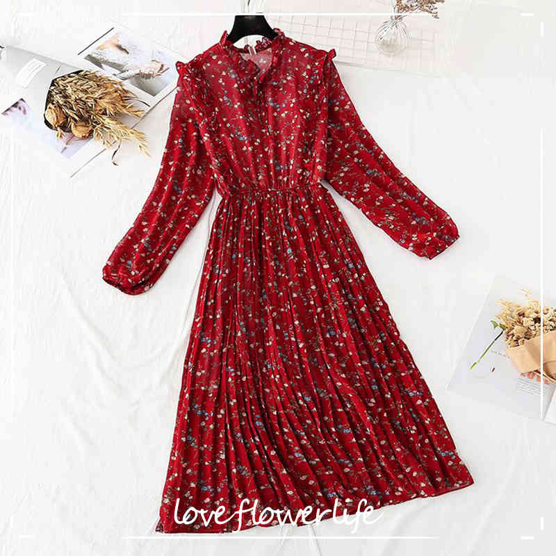 

Elegant Floral Chiffon Dresses Female Casual Long Sleeve Lotus Leaf Collar Women Dress A-line Vintage Pleated Dress Vestidos 210521, Yellow