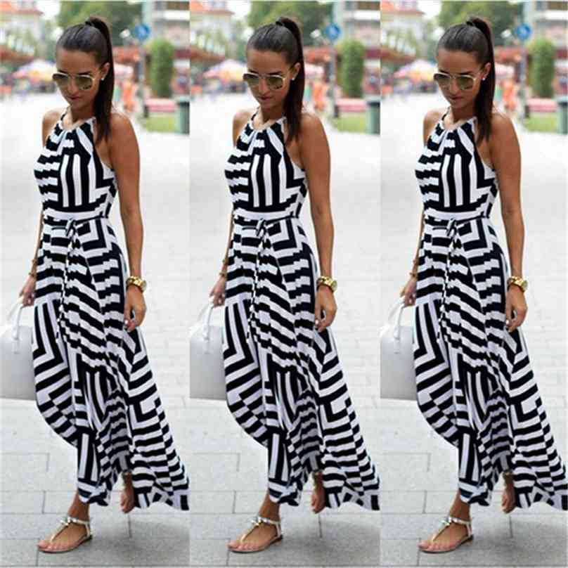 

Summer Dresses Women Sexy Boho Striped Sleeveless Maxi Long Beach Style Strap Sundress Vestidos 210607, Black
