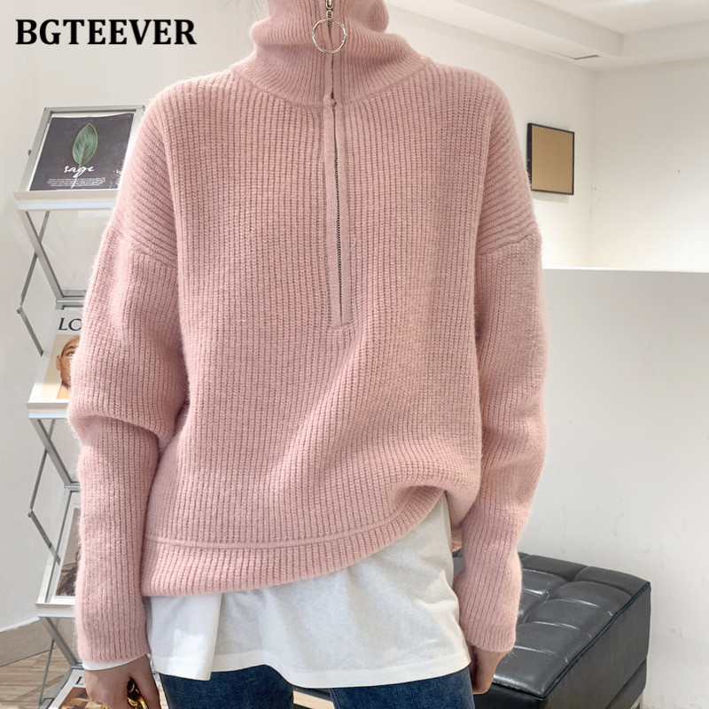 

BGTEEVER Autumn Winter Zipper Turtlene Sweaters Women Casual Thi Long Pullover Jumpers Female Loose Knitting Tops 2021, Black