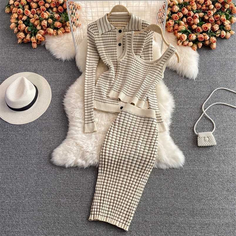 

SINGREIN Women Autumn Winter Design Stripe Knitted Set Turndown-Collar Top+Sexy Off Shoulder Tank Top+Slim Skirt Three Piece Set 211109, Apricot