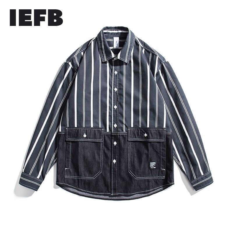 

IEFB Spring Contrast Color Striped Denim Workwear Shirts For Men Casual Loose Long Sleeve Blouse High Quality Y6072 210524, Blue stripes