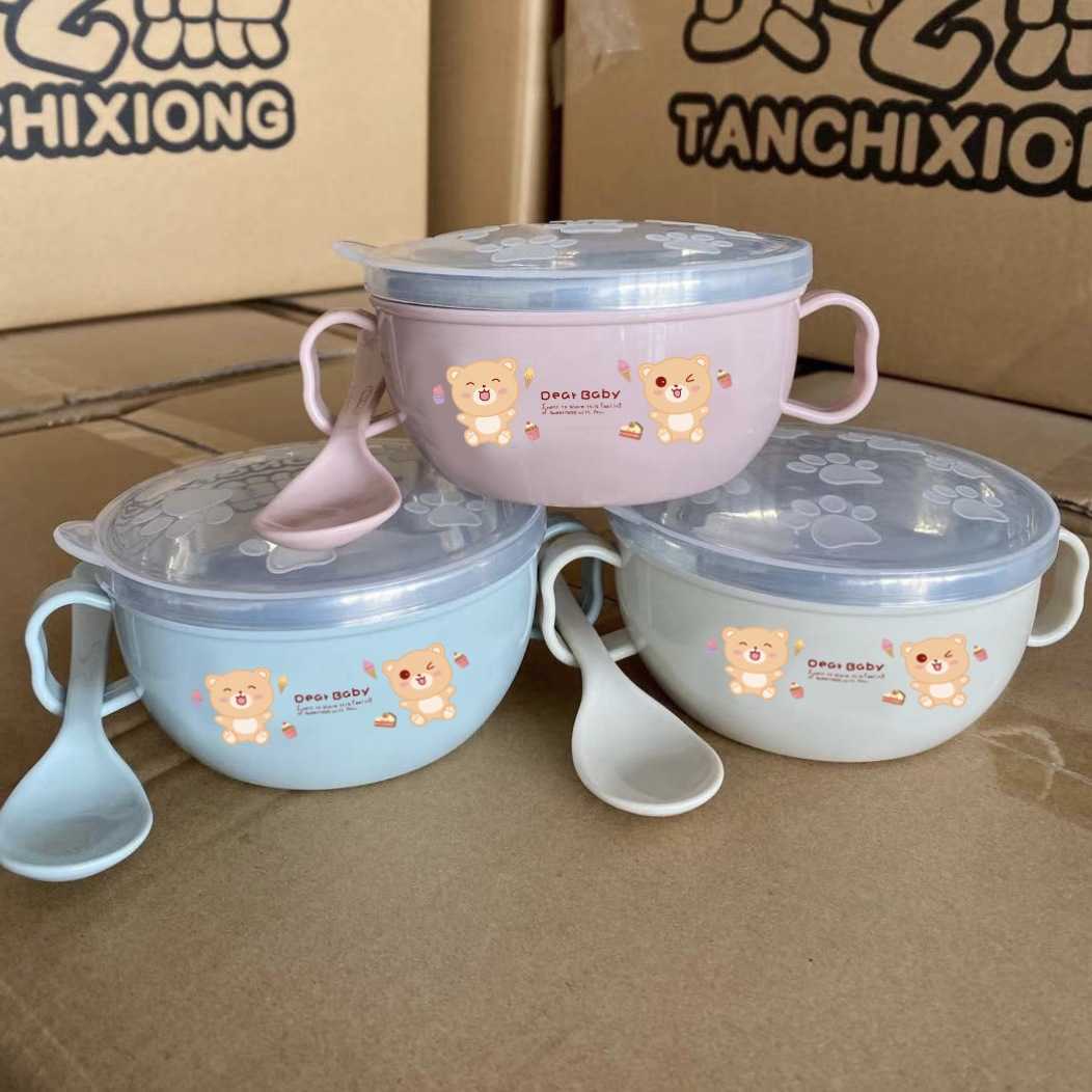 

Children's stainless steel baby special auxiliary food bowl double child bowl cartoon double-layer heat insulation bowl with cover spoon to