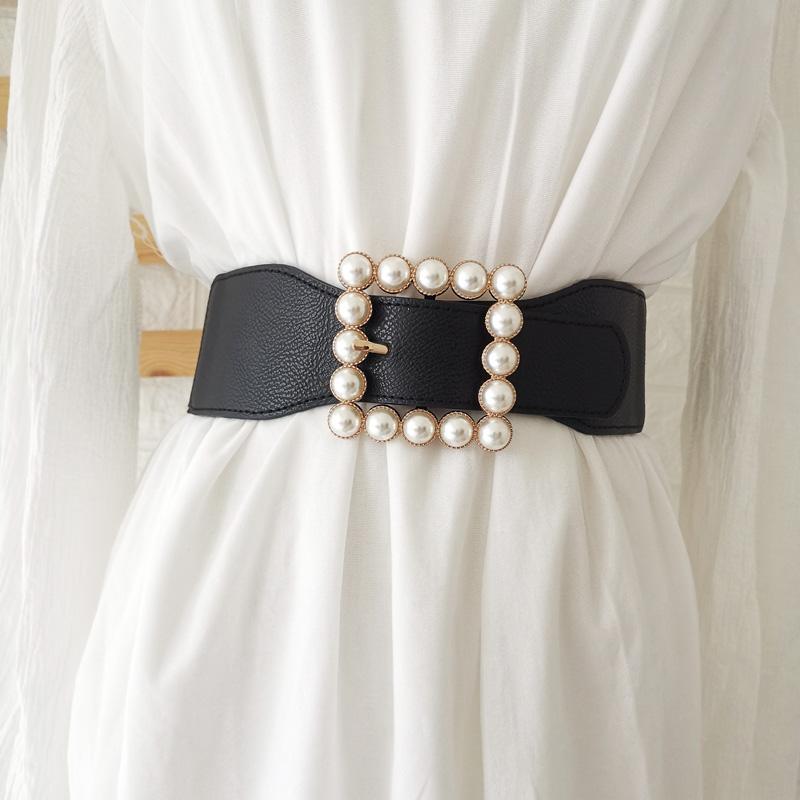 

Belts Big Pearl Gold Square Buckle Waistbands Lady All Match Punk White Stretch Black Wide Waist Seal Women Skirt Wedding Dress
