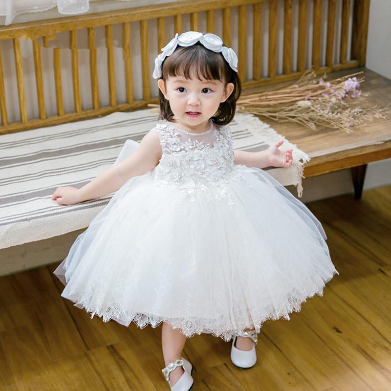 

Fashion Sequin Floral Flower Girl Dress For Wedding Princess White Tulle Baby Girls Baptism Christening 1st Birthday Gown Girl's Dresses