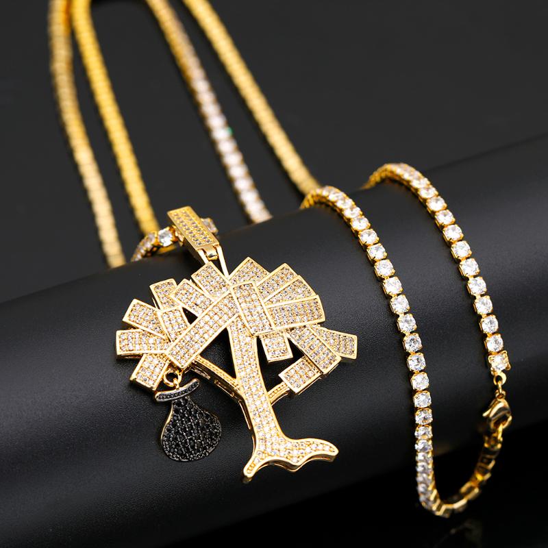 

Pendant Necklaces Wisdom Tree Necklace & Free Steel Cuban Chain Gold Color Cubic Zircon Men's Hip Hop Jewelry For Gift