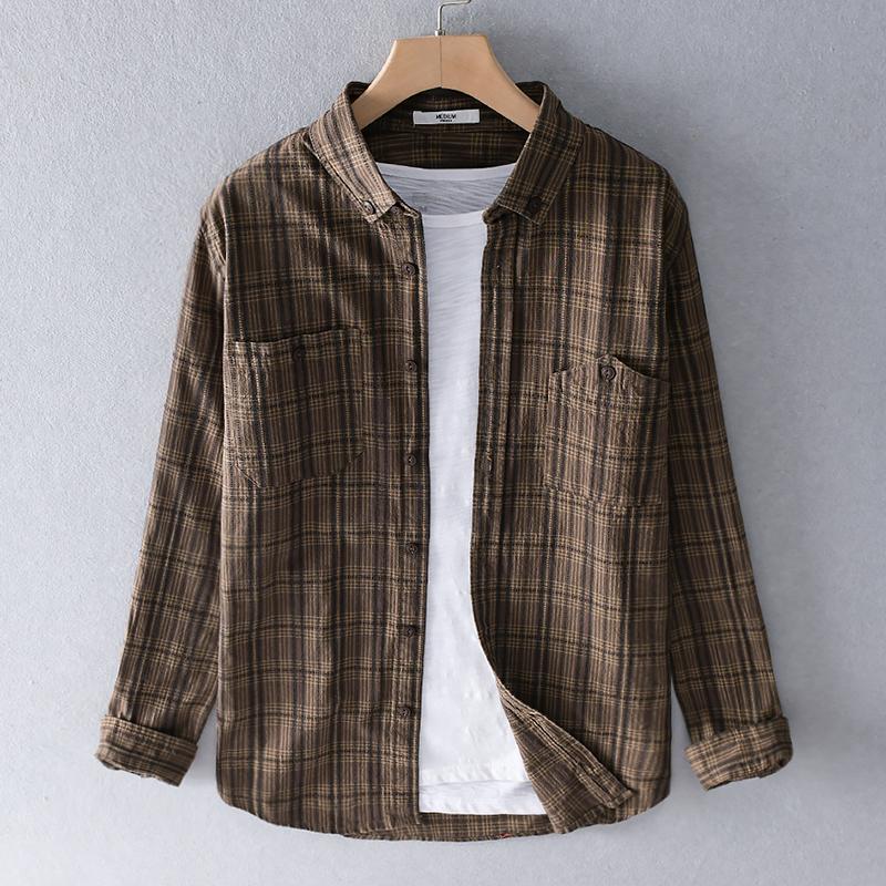 

Men's Casual Shirts 100% Cotton Desinger Unique Long-sleeved Plaid Men Brand Fashion Spring Shirt For Comfortable Mens Tops, Olive green plaid