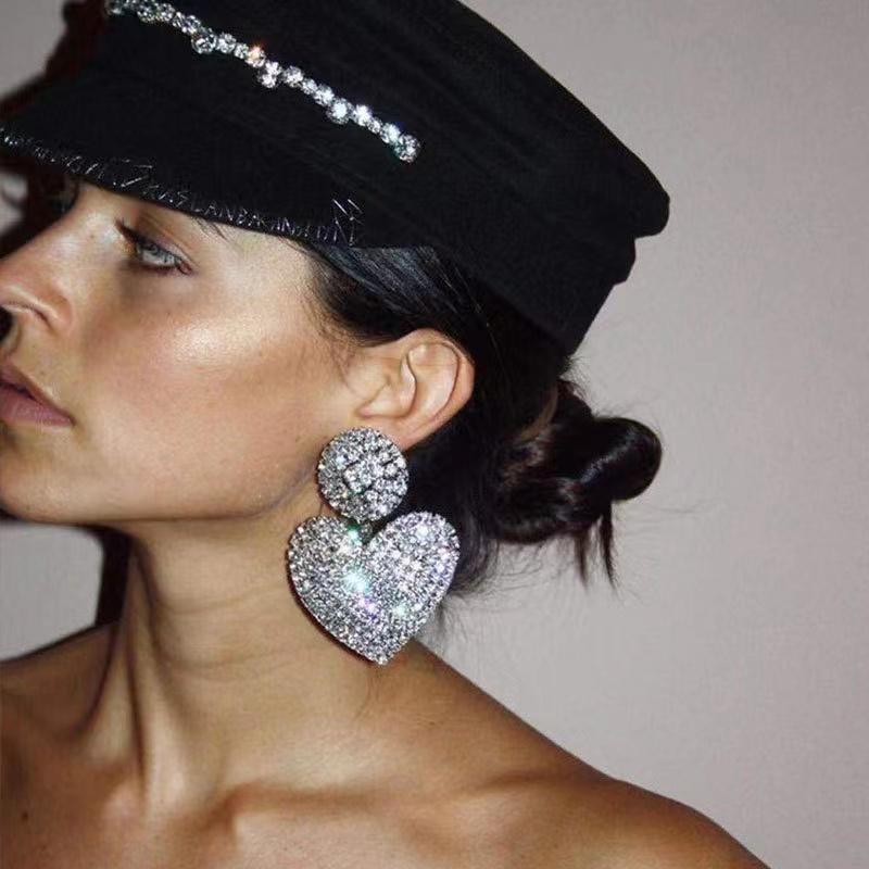 

Dangle & Chandelier Heart Earrings Women's Luxurious Geometric Full Rhinestone Korean Gold/Silver Color Love 2021 Fashion Jewelry