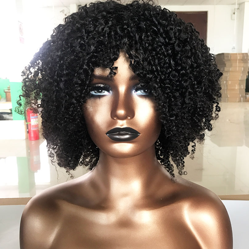 

Scalp Top Wigs with Bangs Afro Kinky Curly 180% Density Full Machine Made Human Hair Wig, Natural color