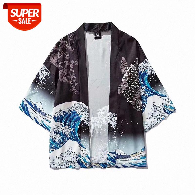 

Japanese robe, wave carp print kimono, beach shirt thin jacket #Gb6Y, White;black