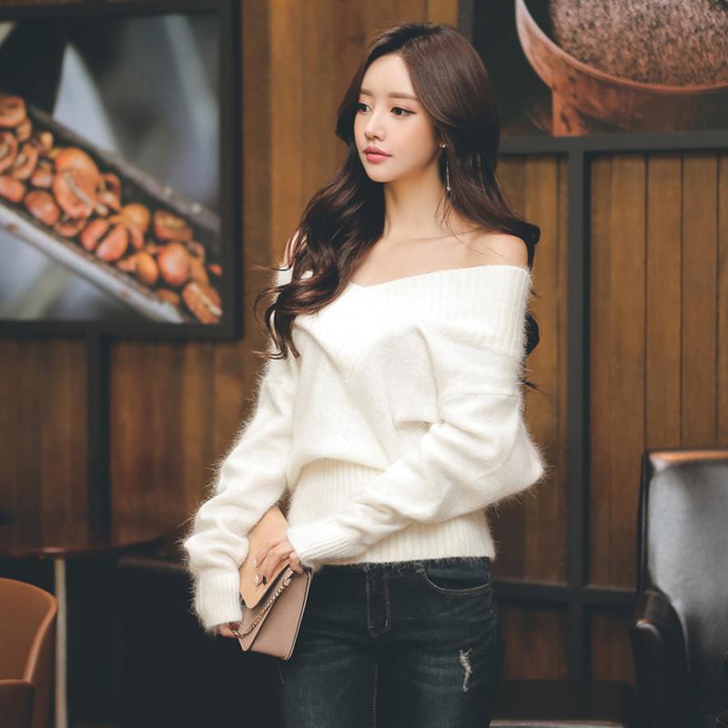 

Women' Sweaters French Lazy Style Sweater Winter Clothing 2021 Elegant Girl Sexy Off-the-Shoulder Pullover Jum, White