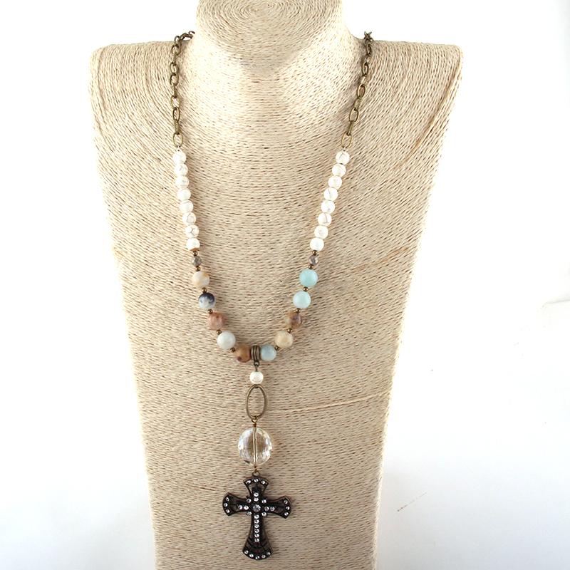 

Pendant Necklaces MOODPC Fashion Jewelry Long Chain Stone And Glass Link Crystal Cross For Women Ethnic Necklace Dropship