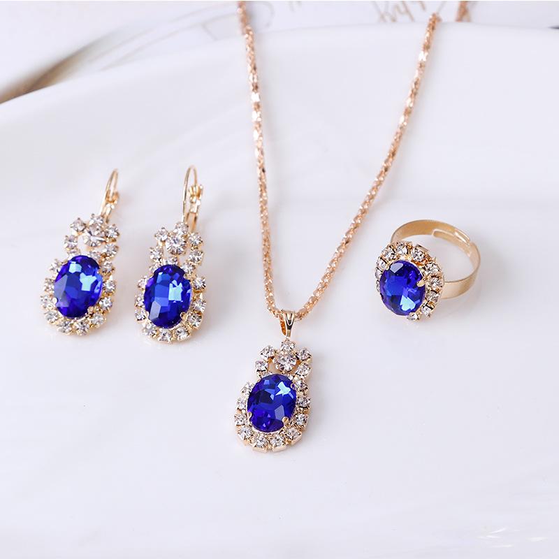 

Earrings & Necklace Ring Sets With Crystal Oval Multiple Color Gem Jewelry For Women Luxury Classic Gift Accessories Wholesale, As pic