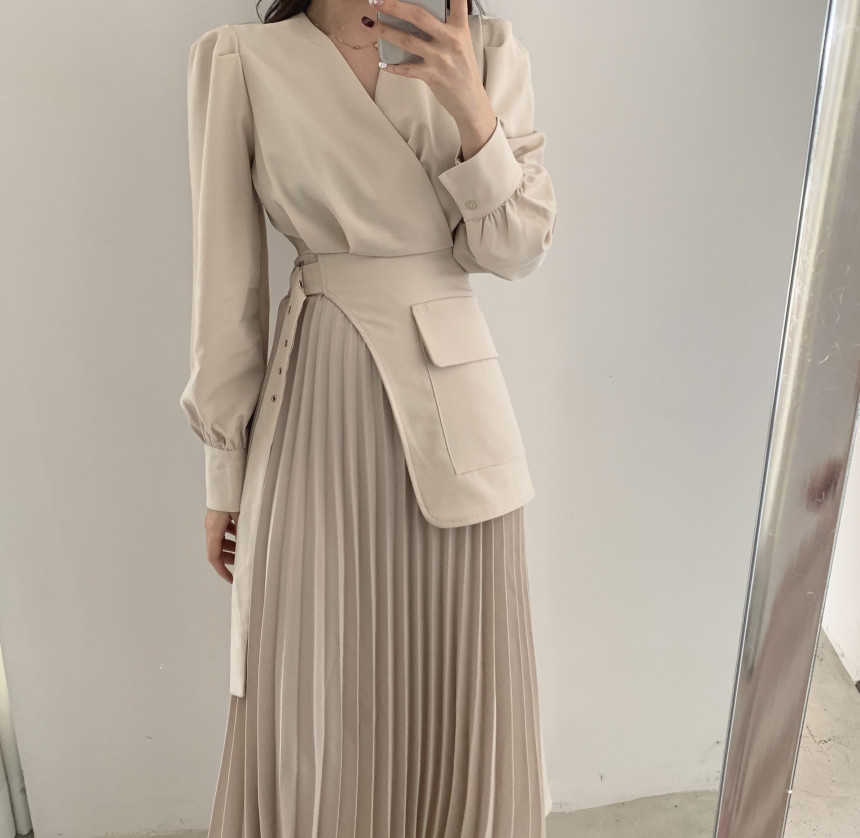

Spring and Summer Korean Fashion Elegant Temperament OL Dress V-neck Cross Strap Long Over-the-knee 210615, Creamy-white