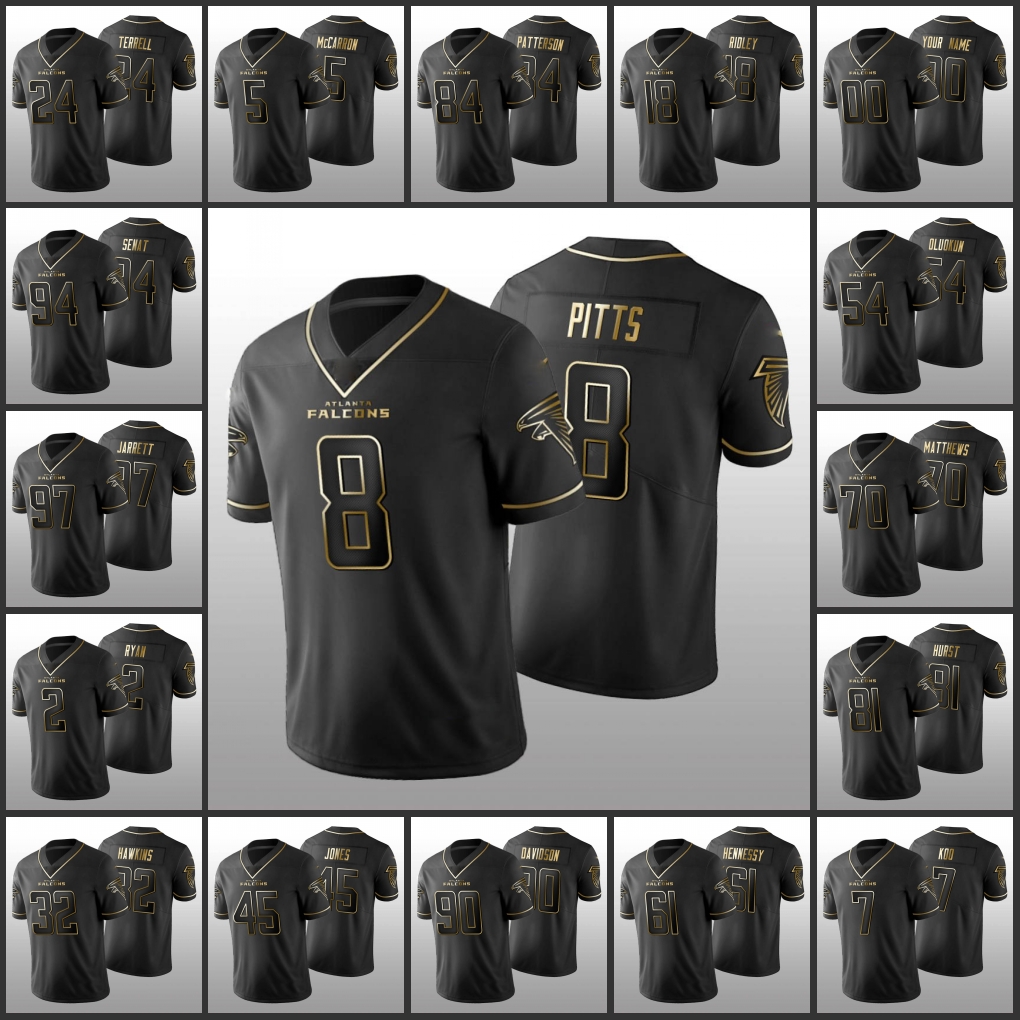 

Atlanta''Falcons''Men #5 AJ McCarron 8 Kyle Pitts 7 Younghoe Koo 45 Deion Jones 2 Matt Ryan Women Youth Custom Black Golden Edition Jersey
