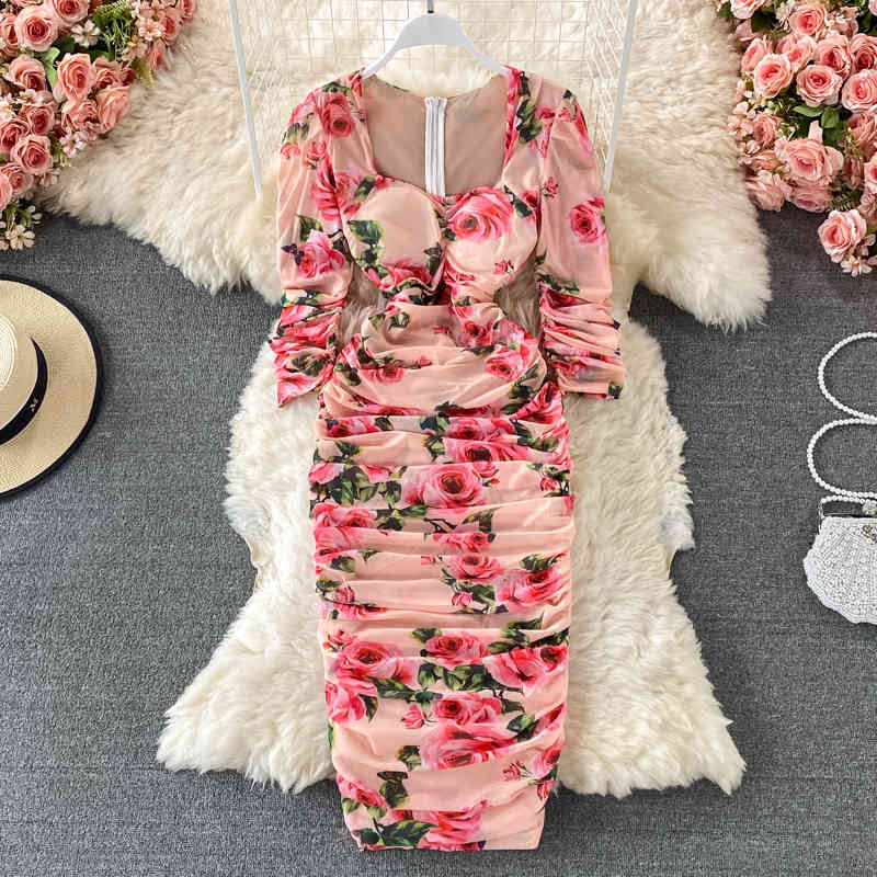 

7 colors Choose Ladies OL Temperament Square collar Slim Retro Flower Printed Mesh Package hip Long Dress Pleated Stretch 210525, Picture color 1