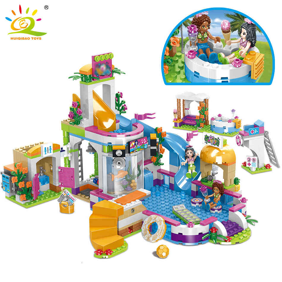 

HUIQIBAO 675pcs Friends City Swimming Pool Water Park Building Blocks Girls House DIY Bricks Toys Friend 1008
