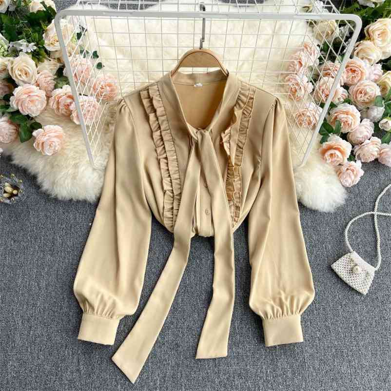 

Women Long Puff Sleeve Bow Versatile Chiffon Shirt Gentle Style Round Collar Fashion Spring Summer 11B773 210525, Apricot