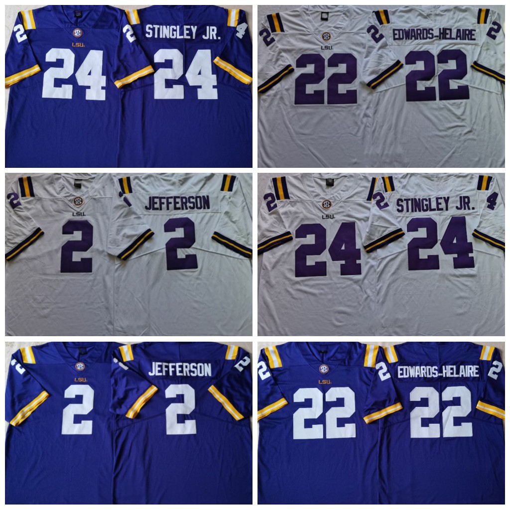 

Men's LSU Tigers 2 Justin Jefferson 24 Derek Stingley Jr. 22 Clyde Edwards-Helaire 2020 National Championship Game Jersey White Purple Stitched