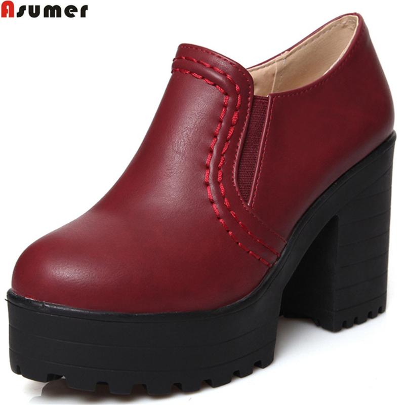 

Dress Shoes ASUMER Black Wine Red Gray Fashion Apring Autumn Round Toe Platform Square Heel Casual Women High Heels