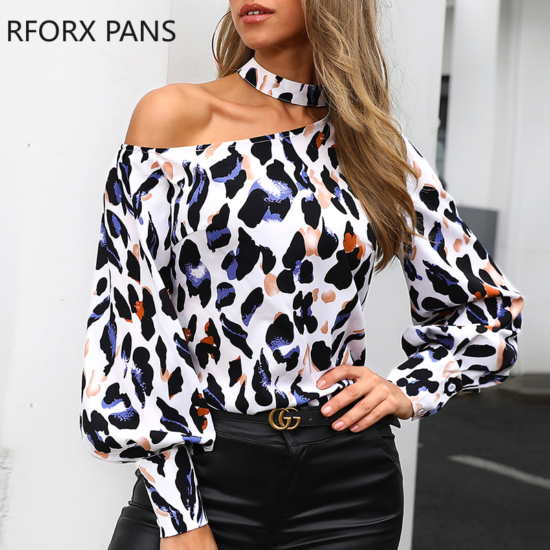 

Women Cutout Leopard Print Blouse Casual Blouse Casual Shirt Long Sleeve Tops, White