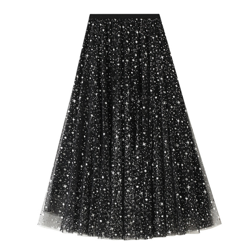 

Korea Style Women mesh printed Skirt Femme Jupe High Waist loose pleated Mid-length long Skirts 210524, Black