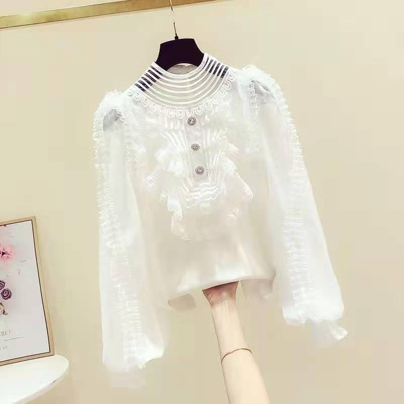 

Women' Blouses & Shirts Women 2021 Spring Fashion Solid Color Lace Female O-neck Ruffled Ladies Long Sleeve Pullover W91, Black