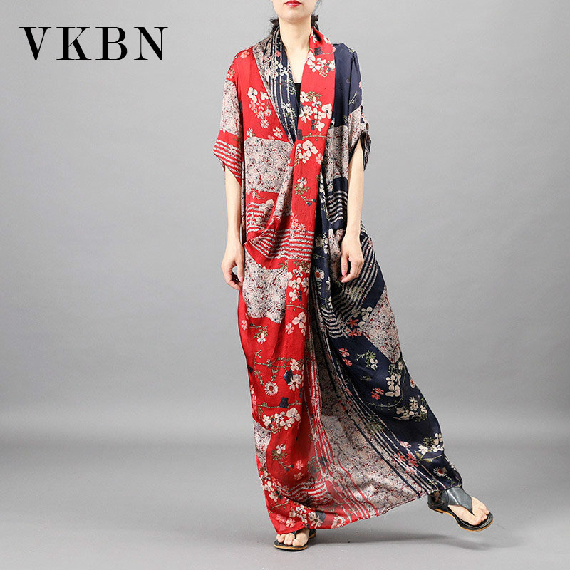 

VKBN Summer Dress Women Print V-Neck Chest Crossover Design Stitching Maxi Dresses for Women Fashion 210507, Red